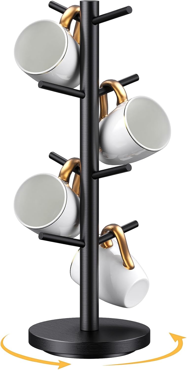 Elerator Coffee Mug Holder Tree, Upgraded 360° Rotated Coffee Cup Holder for Counter, Wood Coffee Mug Tree, Coffee Mug Rack with 8 Hooks, Coffee Mug Organizer Station, Mug Stand Coffee Bar Accessories, Black - Image 3